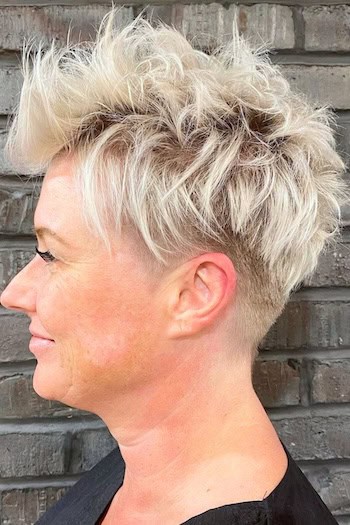 Long Textured Pixie with Undercut Haircut, side view.