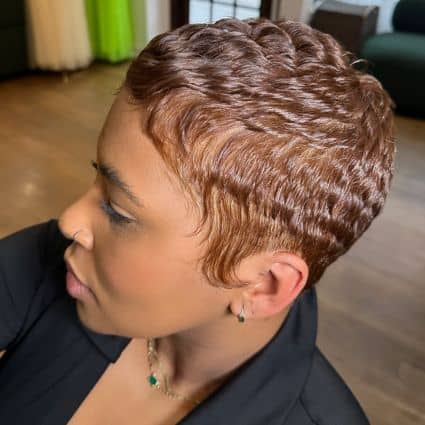 Wet Wave Pixie with Sculpted Edges Haircut, side view.