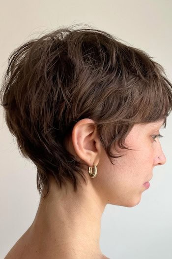 Tousled Layered Pixie with Soft Ends Haircut, side view.