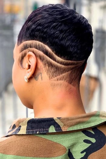 Fade Pixie with Wave Design Lines Haircut, back view.