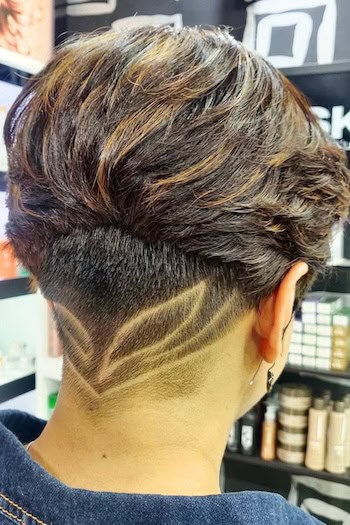 Short Stacked Pixie with Design Haircut, back view.
