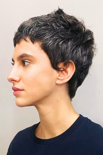 Layered Pixie with Gray Blend Haircut, side view.
