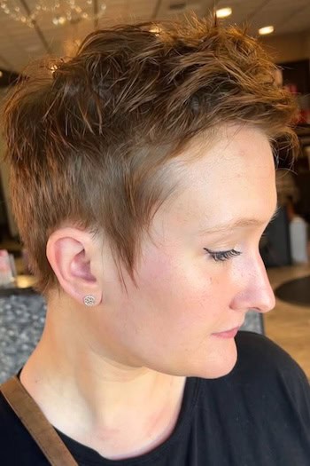 Textured Pixie Short Sides and Tousled Top Haircut, side view.