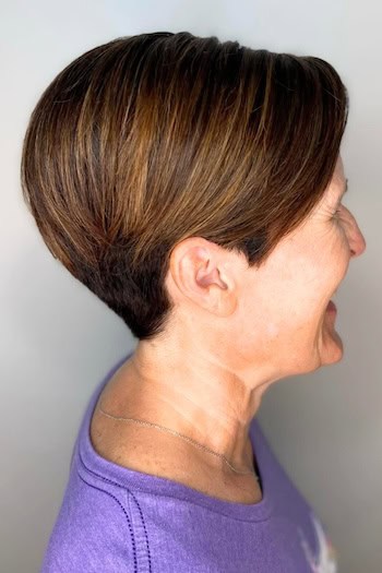 Straight Stacked Pixie Haircut, side view.