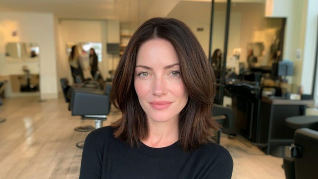 Shoulder-length bob on woman in her 40s in hair salon.