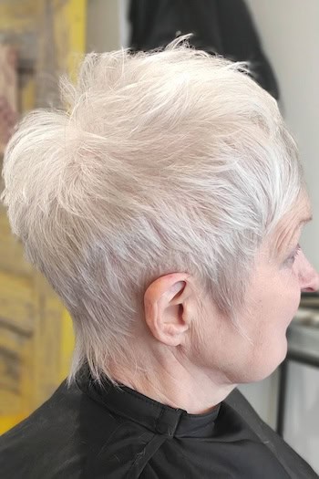 Brushed Forward Silver Pixie Haircut