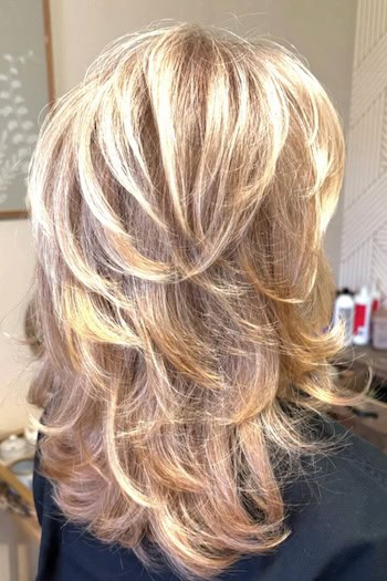 Fluffy Feathered Layered Hair Hairstyle, back view.