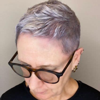 Tight Silver Buzz Pixie With Faded Sides Haircut