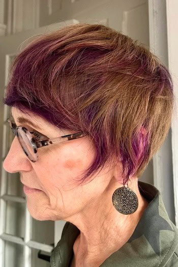 Brown Pixie With Purple Tips And Fringe Haircut