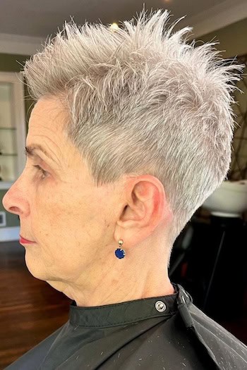 Silver Spiked Pixie With Faded Sides Haircut, side view.