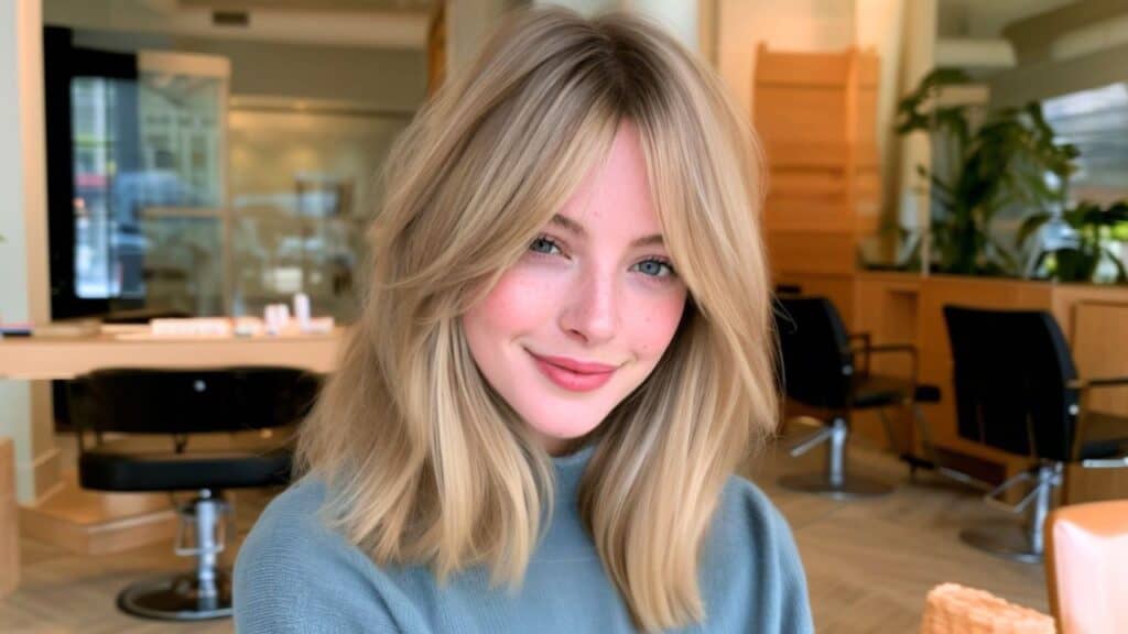 Medium-Length Layered Haircut on smiling woman in hair salon.