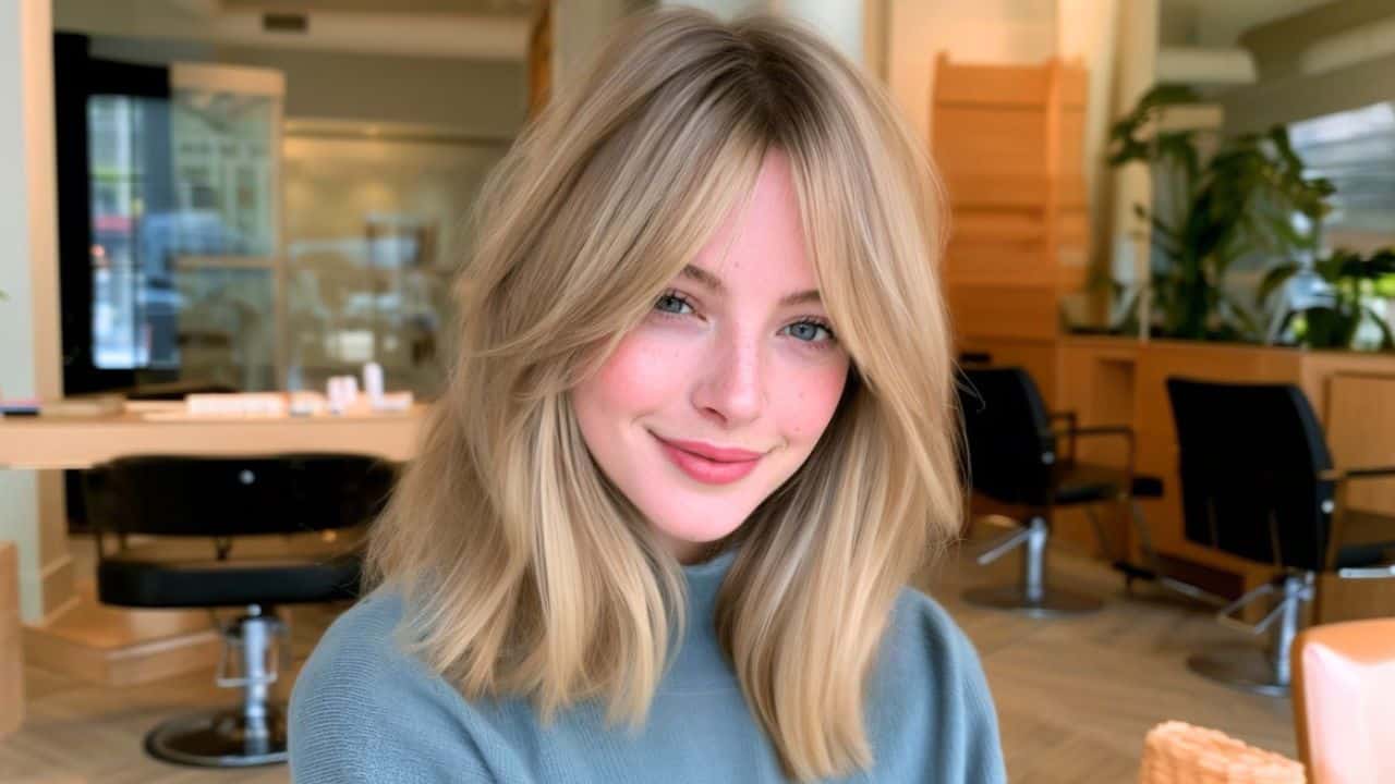 Medium-Length Layered Haircut on smiling woman in hair salon.