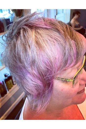Short Silver Shag With Purple Accents Hairstyle