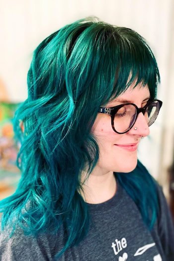 Vibrant Teal Medium-Length Shag Haircut