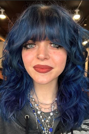 Wavy Navy Blue Shag with Full Bangs Haircut