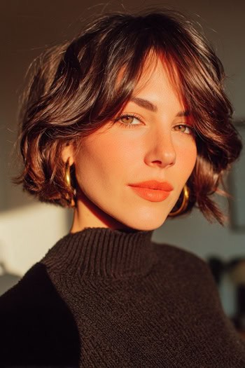 Short Wavy Bob With Curtain Bangs Haircut