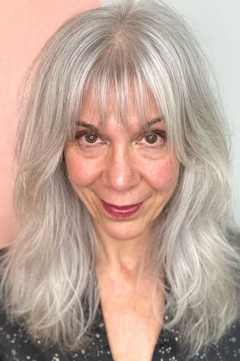 Silver Medium Modified Shag with Piecey Bangs Haircut
