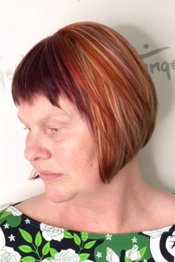 Copper Bob with Choppy Bangs and Multicolored Highlights Hairstyle