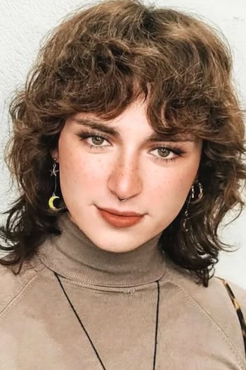 Curly Brunette Shaggy Wolf Cut with Bangs Haircut