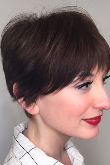 Short Pixie with Full Bangs Hairstyle, side view.