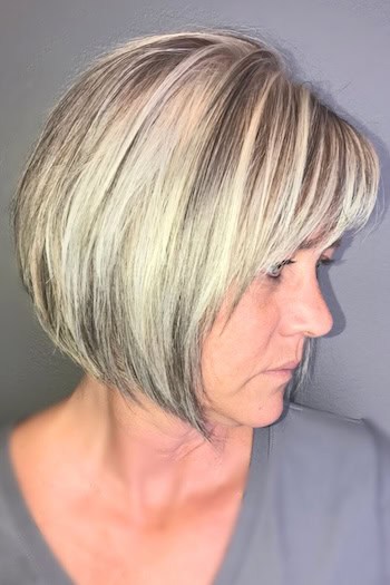 Straight Blonde Bob with Bangs Hairstyle, side view.
