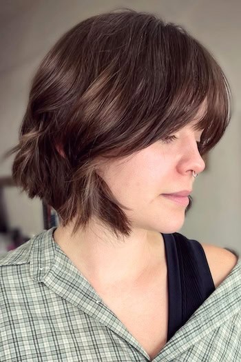 Short Layered Bob with Face-Framing Bangs Hairstyle, side view.