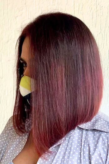 Angled Long Bob Hairstyle, side view.