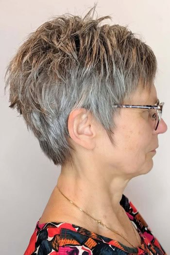 Textured Gray Pixie with Volume Hairstyle, side view.