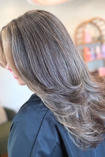 Long Straight Gray Blended Layers Hairstyle, back view.