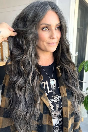 Smoky Gray Highlights on Long Dark Brown Waves Hairstyle