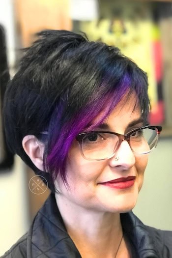 Black Pixie with Purple Highlighted Bangs Hairstyle