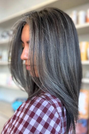 Gray Highlights on Dark Brunette Hair, side view.