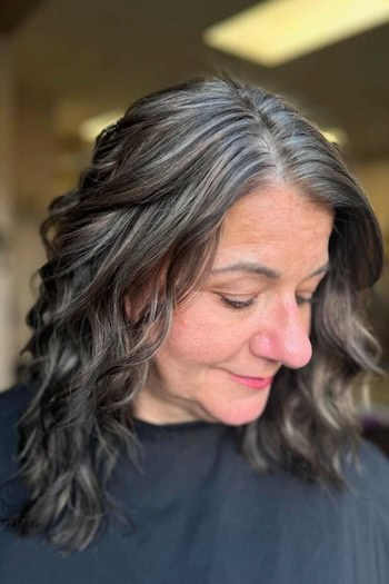 Silver Highlights on Dark Brown Wavy Long Bob Hairstyle