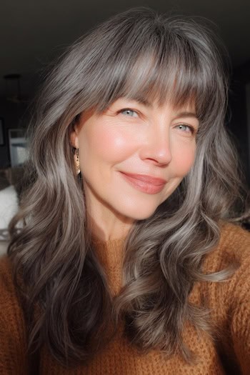 Dimensional Gray Blend with Wispy Bangs Hairstyle