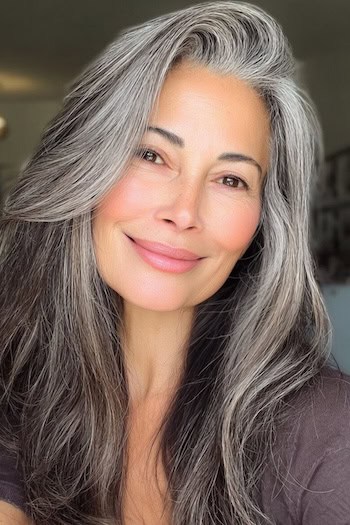 Long Silver Blend with Deep Side Part Hairstyle