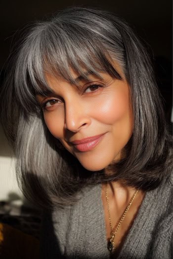 Gray Blended Lob with Piecey Bangs Hairstyle