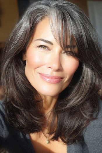 Layered Gray Blended Medium-Length Hair with Side-Swept Bangs
