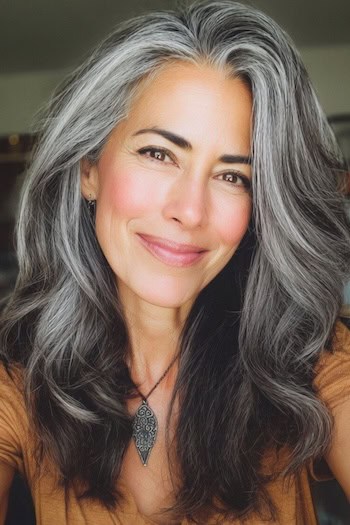 Gray Blended Long Hair with Silver Streaks Hairstyle