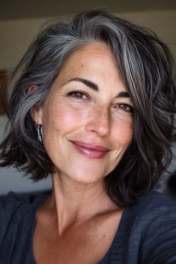 Tousled Gray Blended Bob with Side Part Hairstyle