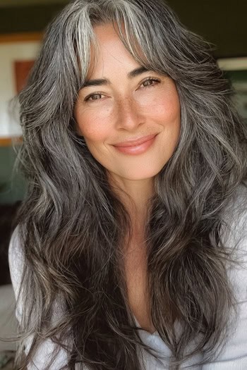 Long Silver Blend with Face-Framing Layers and Feathered Curtain Bangs Hairstyle