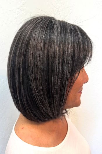 Straight Gray Blend on Dark Bob Hairstyle, side view.