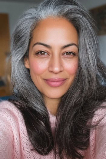 Soft Gray Blending on Dark Hair with Face-Framing Highlights Hairstyle