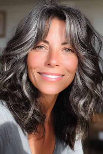 Wavy Gray Blend with Curtain Bangs Hairstyle