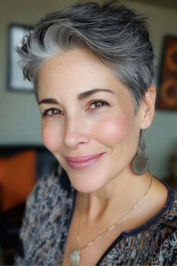 Silver Blended Feathered Pixie Hairstyle
