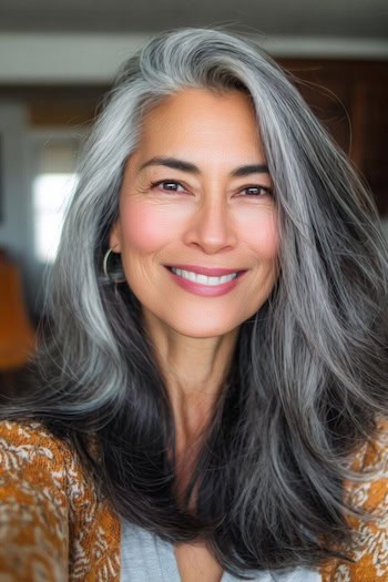 Long Gray Blend with Silver Highlights Hairstyle