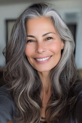 Silver Gray Blending on Long Waves Hairstyle