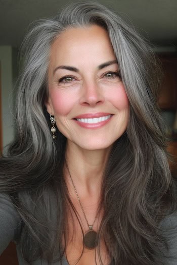 Gray Blending on Long Dark Hair Hairstyle
