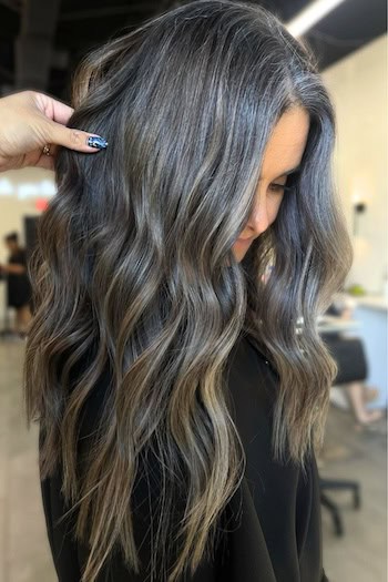 Gray Balayage Waves on Dark Brown Hair