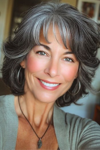 Feathered Gray Blended with Piecey Bangs Hairstyle