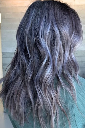 Lavender Gray Waves on Dark Hair, back view.